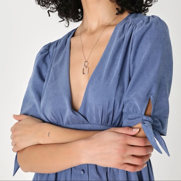 NWT Lulus Absolutely Sweet Blue Button-Up Short Sleeve Mini Dress - Picture 4 of 6